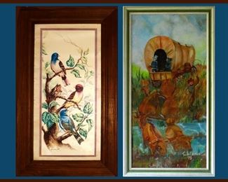 Lovely Bird Print and Wild West Covered Wagon with Cows Oil Painting Signed