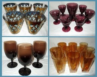 Mid Century Modern Mad Men Glasses, Amethyst Glass Stemware, Mid Century Modern Stemware and Depression Glass Tumblers 