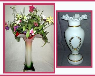 Multi Colored Cased Glass Vase and White Glass Vase with Gold Trim 