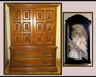 Nice Vintage Men's Dresser and Little Ladies Collectible Series Doll in Glass Cabinet
