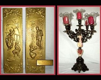 Pair of Elpec England Brass Plaques and Tall Metal and Onyx Candelabra 