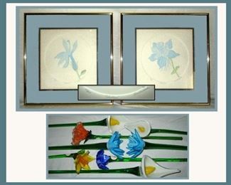Pair of Signed and Numbered Prints and Glass Flowers with Long Stems 