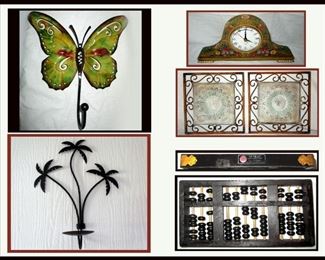 Metal Butterfly Hook,  Clock with Flowers and Pair of Metal Plaques, Palm Tree Candle Holder and Abacus with Label Stating Lotus Flower Brand  