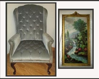 Pretty Tufted Wing Back Chair and Cool Antique Framed Print