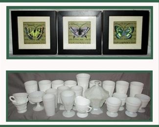 Small Butterfly Pictures and Some of the Large Collection of Milk Glass Available 