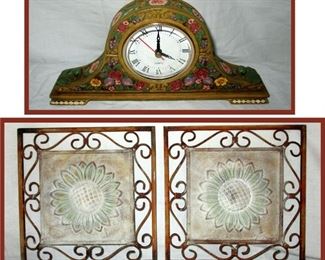 Floral Clock and Pair of Metal Plaques 
