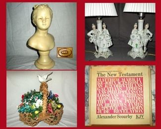 Alexander Backer Bust, Pair of Vintage Figural Lamps Japan, Basket with Faux Flowers and Alexander Scourby New Testament on Records