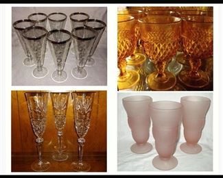 Mid Century Modern Pilsner Glasses, Amber Stemware Crystal Flutes and Satin Glass Ice Cream Glasses
