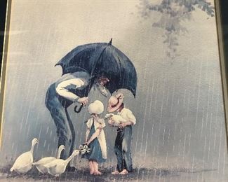 Amish Man w 2 Children Feeding Geese by S Polonchak