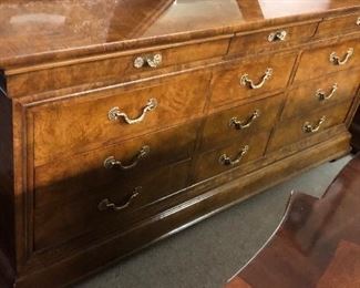 Charles X by Henredon Bedroom Suite: King Sleigh Bed, Dresser w Mirror, Armoire, and 2 Nightstands...Same stunning Burlwood w a High Gloss Finish and in pristine condition!