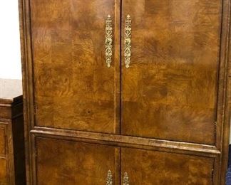 Charles X by Henredon Bedroom Suite: King Sleigh Bed, Dresser w Mirror, Armoire, and 2 Nightstands...Same stunning Burlwood w a High Gloss Finish and in pristine condition!