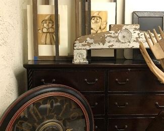 Fabulous Oversized 6-Drawer Dresser/Buffet, 3 Hands Corp Wall Clock, Vintage Frames, Gnomes...