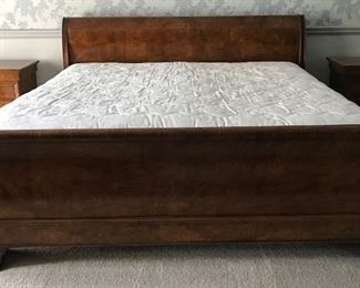 Charles X by Henredon Bedroom Suite: King Sleigh Bed, Dresser w Mirror, Armoire,  and 2 Nightstands...Same stunning Burlwood w a High Gloss Finish and in pristine condition!                
Mattress not included