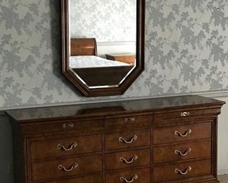 Charles X by Henredon Bedroom Suite: King Sleigh Bed, Dresser w Mirror, Armoire,  and 2 Nightstands...Same stunning Burlwood w a High Gloss Finish and in pristine condition!            