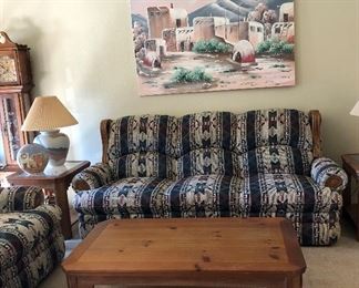 Berkline Reclining Sofa, Loveseat and Chair, Hammary Coffee Table and 2 End Tables, Canvas Art