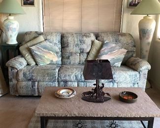 Reclining Sofa, Stone and Iron Coffee Table, Floor Lamp, Table Lamp