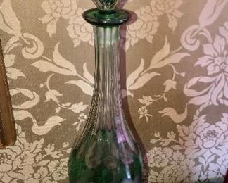 Etched Cut glass green decanter 