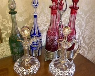 grouping shot of antique decanters.  