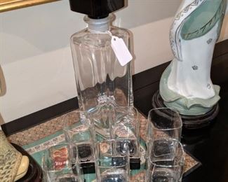 1960's Mid Modern decanter and matching glasses. top and bottoms are black glass