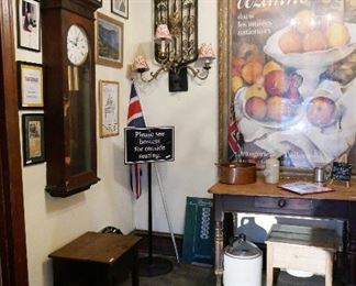 Great Old Clock, Vintage Tables & Crocks, Old Signage and Art