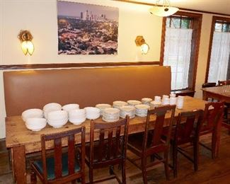 LARGE great old farm table and leather banquette seat