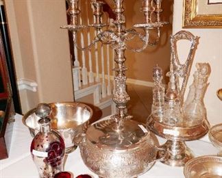 Silver overlay decanter (over ruby glass) and glasses to match