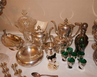 Sterling Tea and Coffee Service, Sterling Overlay Decanter (over green glass) with matching glasses