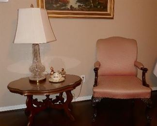 Antique Side Table, Crystal Lamp, Grand OLD Carved leg armchair