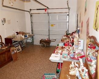 Garage #1 is full of antiques, vintage holiday, old trunk, brass bed, Hoosier cabinet and more
