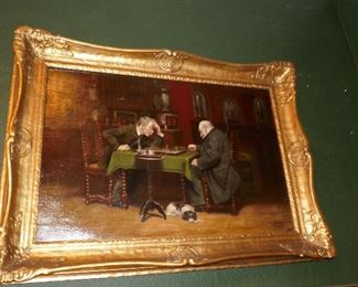FINE old oil painting of men playing cards w/ dog