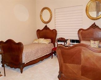 Pr. Carved Twin Beds, Pr. Gilt Oval Mirrors