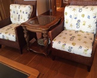 (2) armchairs by Simply Sanibel; Drexel occasional table