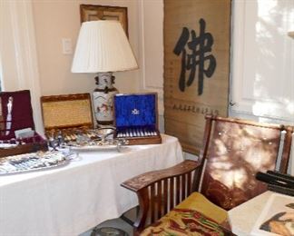 Lovely Antique inlaid Chair, Chinese Scroll and art work