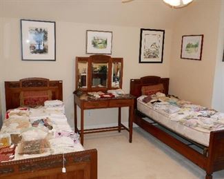 Art Nouveau Pr. Twin Beds and Dresser LOTS of Vintage LInens
