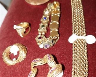 Gold pins, gold bracelets and ring