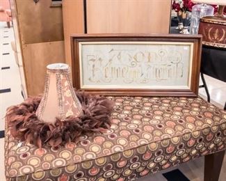 Fabric bench, lampshade and matching picture 'God is our Refuge and Strength'.