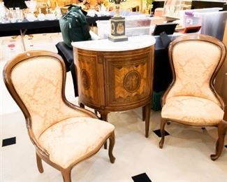 Love these sitting chairs! The antique marble top table has been pulled by our client (decided to keep it!) and is no longer available.
