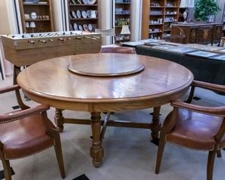 Keller 63" Large Oak Table! The Lazy Susan and vintage leather chairs are sold separately.