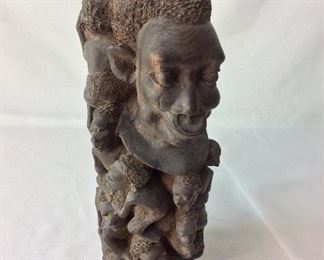 Carved Wood African Man and Children, 13" H.