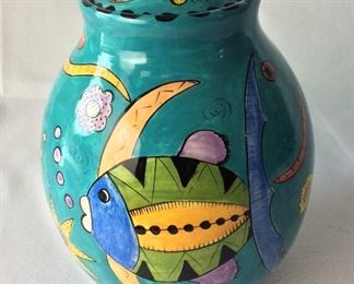 Zimbabwe Painted Lidded Jar, 10" H.