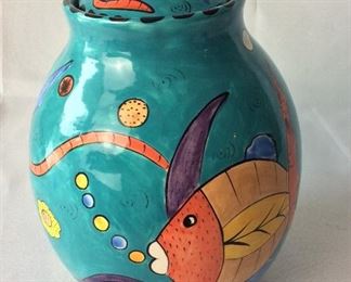Zimbabwe Painted Lidded Jar, 10" H.