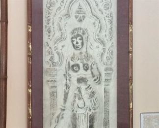 Framed Pressed Rice Paper from Angkor Wat Temple, Cambodia. From the Late 1950's. 20" W x 53" H.