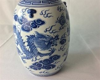 Hand Painted Asian Lidded Jar, 12" H.