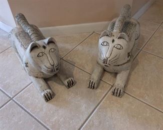 Thailand Large 2-Part Wooden Cats with Decorative Glass, 24" L.