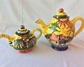 Hand Painted Teapots, Penzo, Zimbabwe. 9" H for tallest.