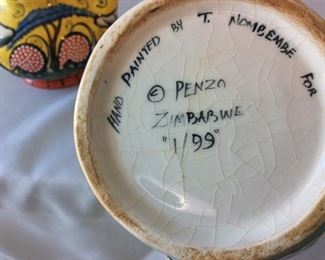 Hand Painted Teapots, Penzo, Zimbabwe. 9" H for tallest (reverse).