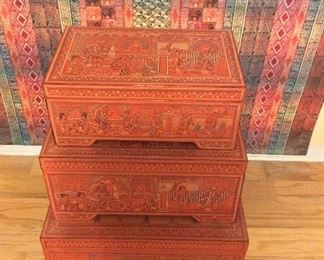 Carved Nesting Trunks, Burma. Small 19" W x 8" H x 11 1/2" D. Medium 21 1/2" W x 10 1/2" H x 13" D. Large 24" W x 13" H x 16" D.