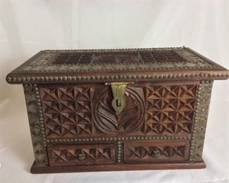 Carved Wood Box with Brass Hardware, 17" W x 9 1/2" H 9 1/2" D. 