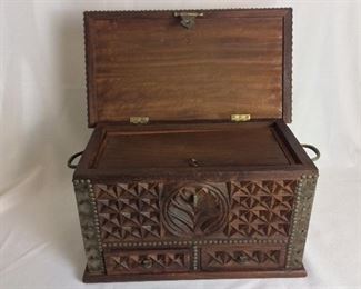 Carved Wood Box with Brass Hardware, 17" W x 9 1/2" H 9 1/2" D.