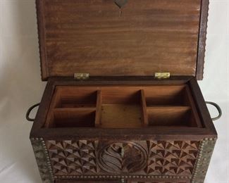 Carved Wood Box with Brass Hardware, 17" W x 9 1/2" H 9 1/2" D. 